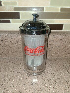 Coca-Cola Glass Straw Stir Stick Dispenser 1992 Coke Straw Holder 6.5" Rare!